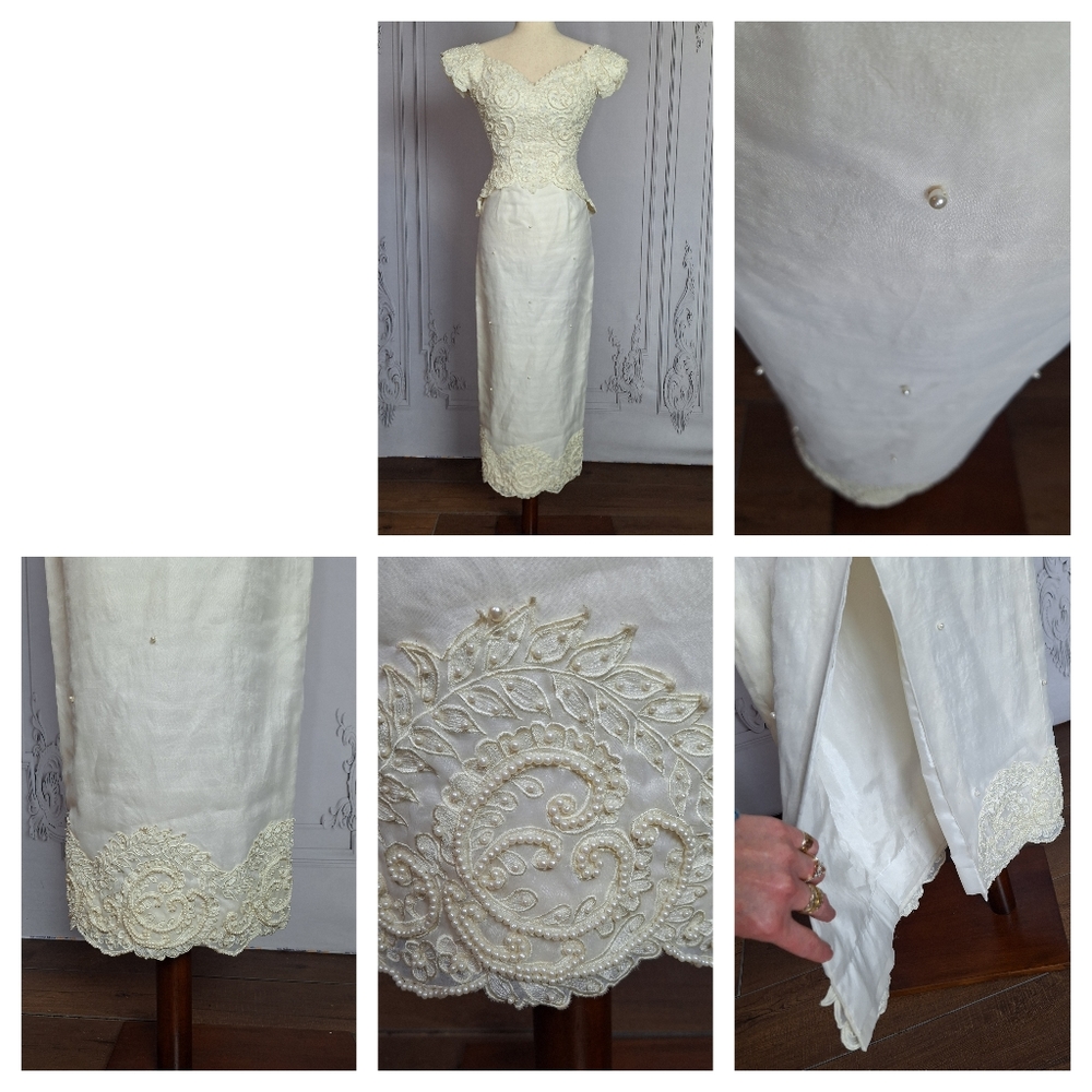 St. Pucchi Ivory Lace Beaded Vintage-Style Wedding Dress with Train - Picture 12 of 16